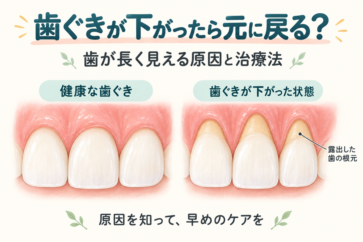 歯ぐきが下がったら元に戻る？歯が長く見える原因と治療法を歯科医師が解説
