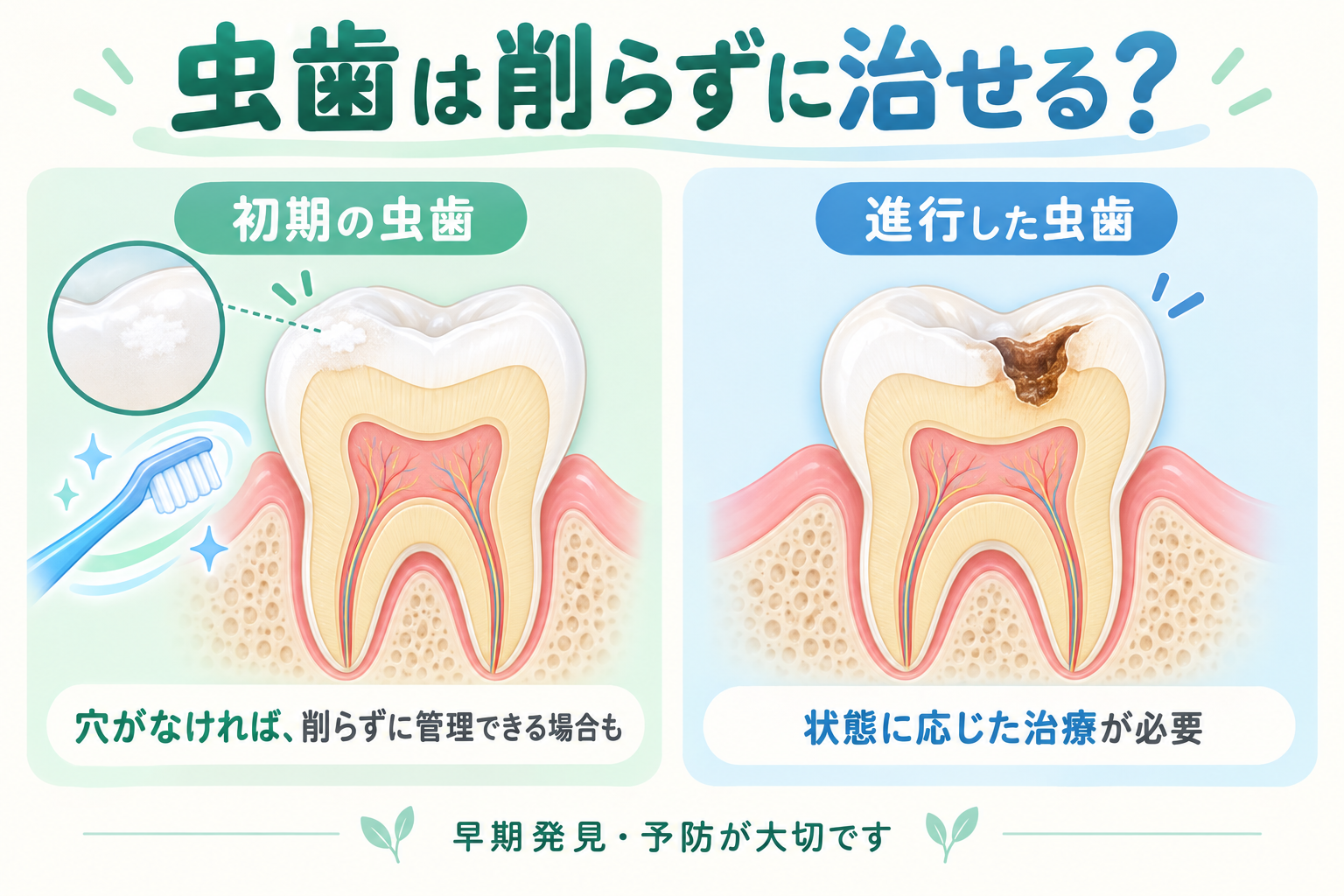 虫歯は削らずに治せる？歯科医師が教える初期虫歯と進行した虫歯の違い